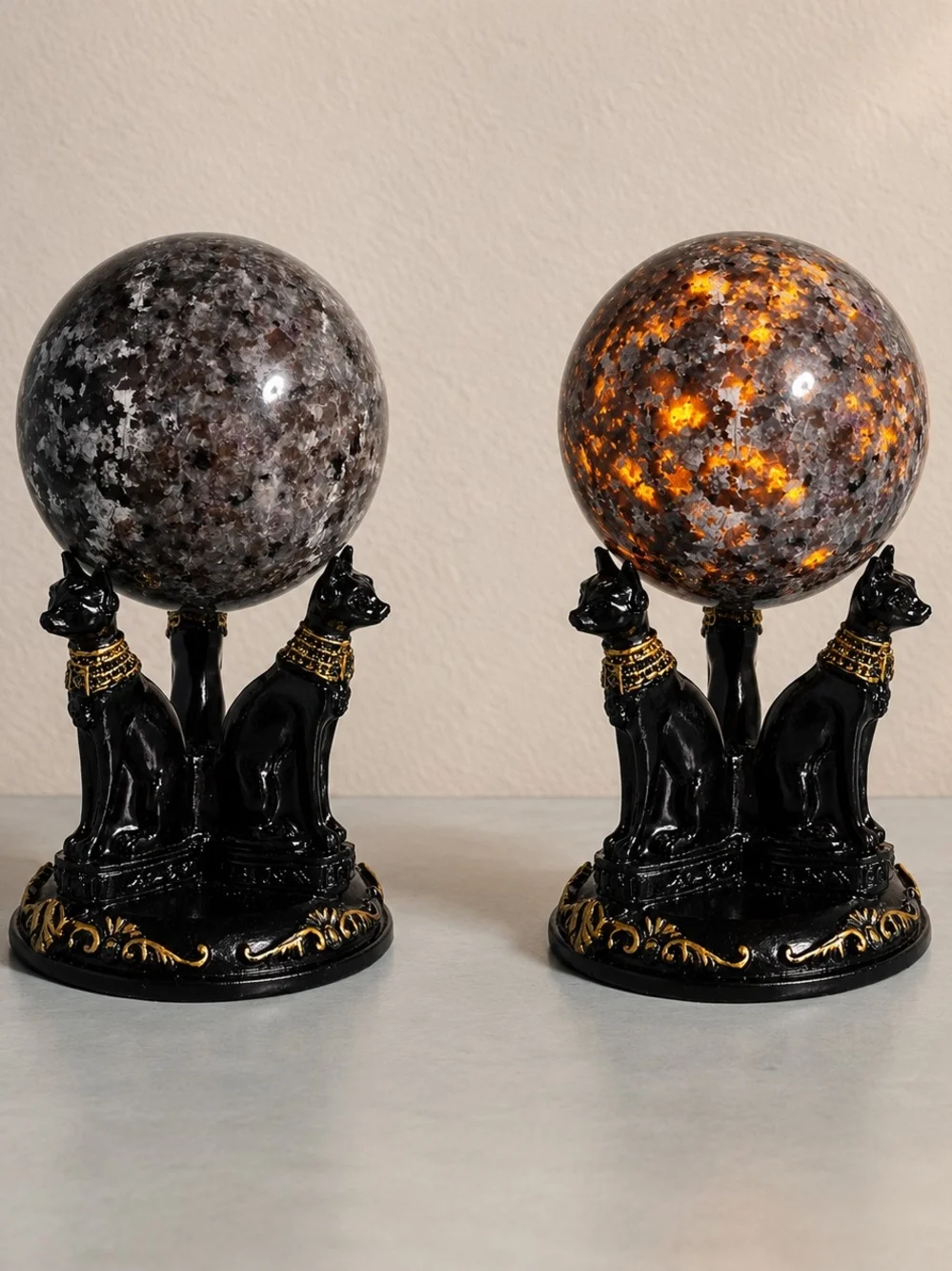 Yooperlite Sphere Crystal 452.7g • UV Reactive • With Egyptian Cat Stand